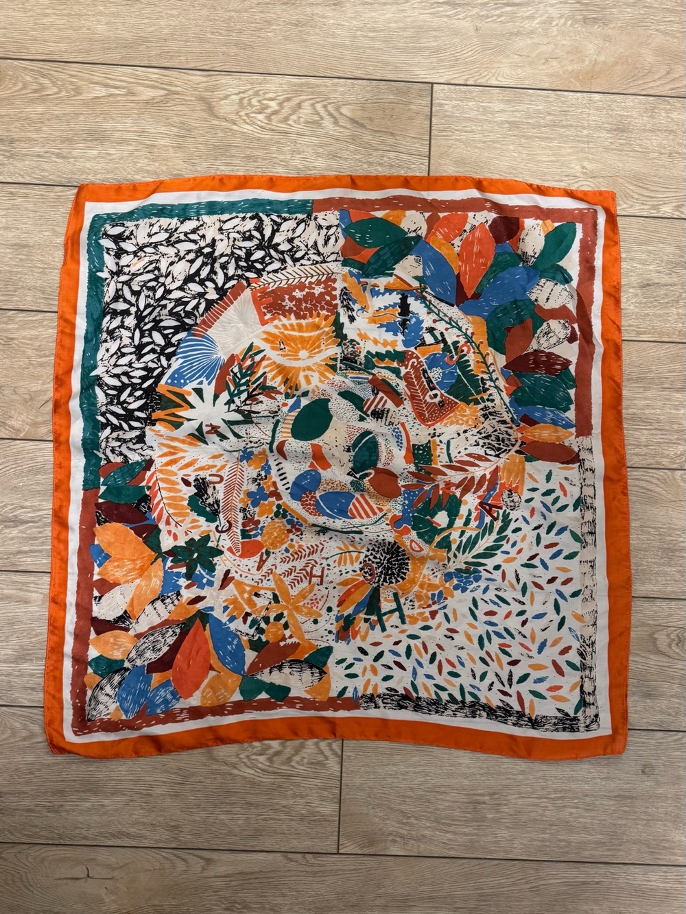 Colorful Botanical Square Scarf with Orange Border